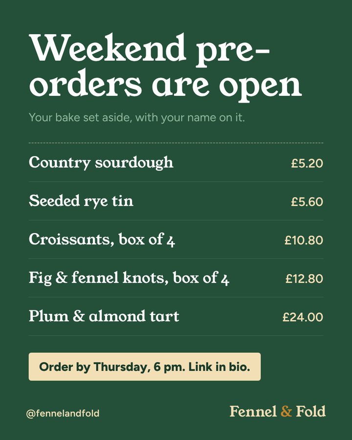 Fennel and Fold post: weekend pre-orders are open, with the menu and prices