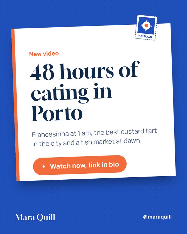 Mara Quill post: new video, 48 hours of eating in Porto, styled as a postcard